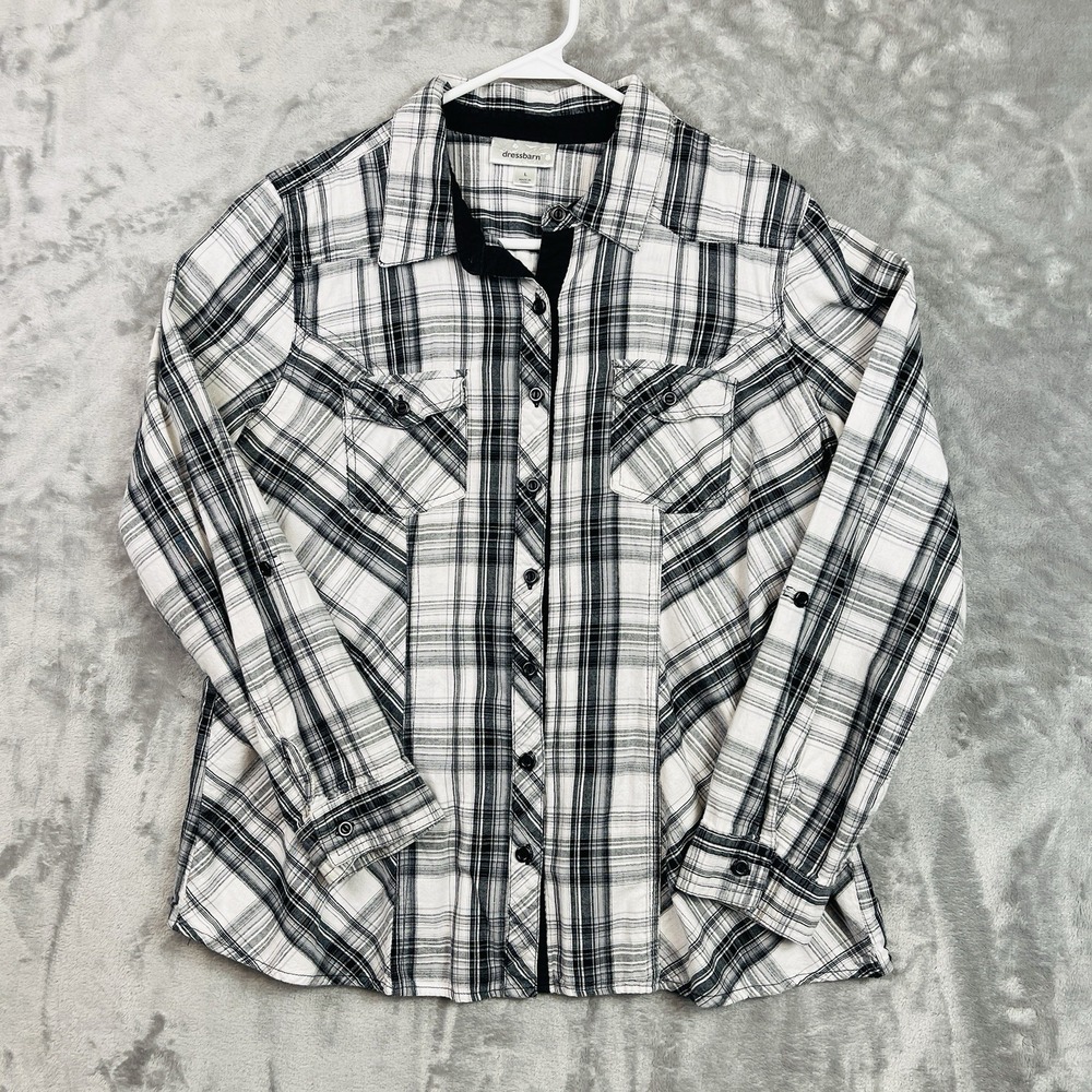Dress Barn Plaid Shirt Women Size Large Cotton Black White Long Sleeve Button Up